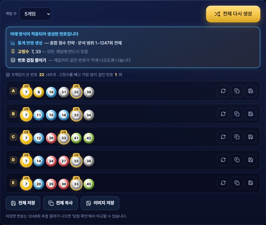고정수가 표시된 5게임 생성 결과 화면